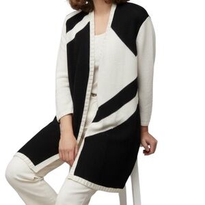 Chico's Black White Open Front Long Line Duster Cardigan Size M